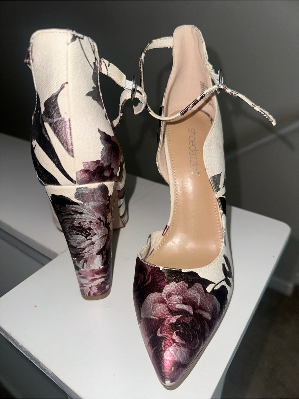 Shoe Dazzle Floral Pointed-Toe Ankle-Strap Pumps in Cream & Burgundy